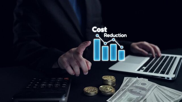 A business professional analyzes cost reduction strategies using financial charts and data on a laptop in a modern workspace. The focus is on growth and efficiency. Qubit