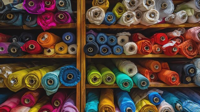 Vibrant rolls of fabric in various colors displayed.
