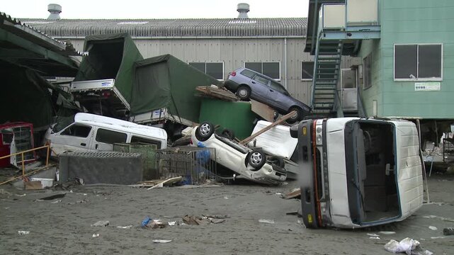 Piles Of Vehicles Destroyed In Aftermath Of Tsunami In Japan
