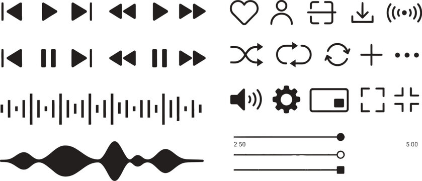 Audio player interface elements including sound waves playback controls and volume adjustment sliders.