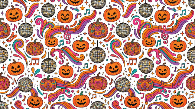Groovy jack o lantern pattern featuring disco pumpkin Halloween vector art and retro hero illustration