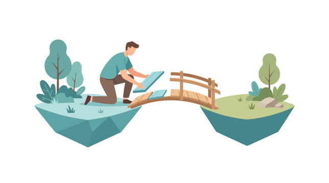Flat vector man building wooden bridge, connecting two islands, teamwork gap concept