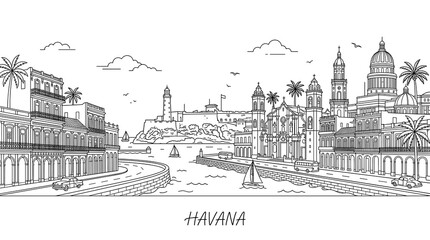 Obraz premium Havana Skyline, Cuba - Hand Drawn Vector Illustration, Cityscape, Travel