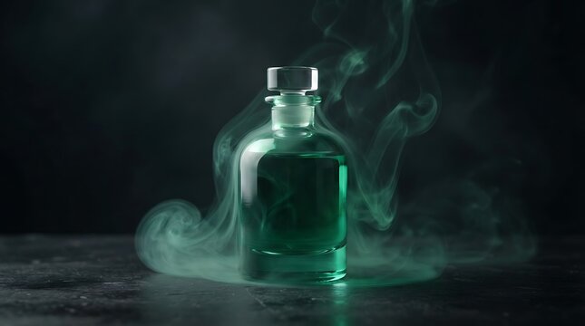 Green perfume bottle with swirling smoke on a dark textured surface with copy space