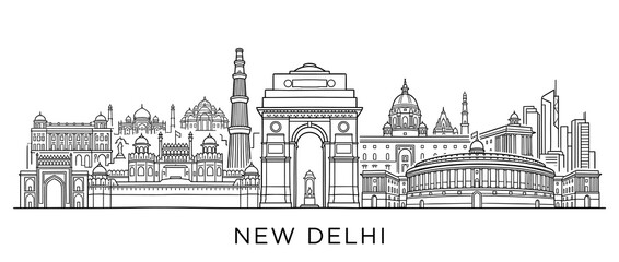 Obraz premium New Delhi Cityscape Line Art, Famous Landmarks Panorama. India Travel.
