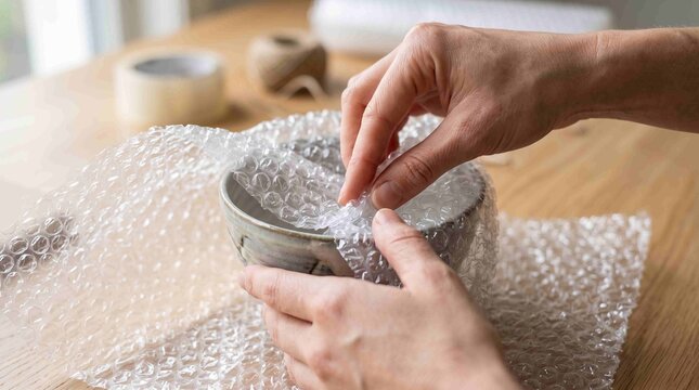 Close up of hands carefully wrapping a fragile ceramic bowl in protective bubble wrap for safe shipping or moving storage preparation