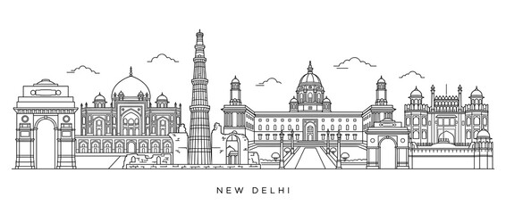 Obraz premium New Delhi Skyline: Iconic Landmarks Outline Drawing