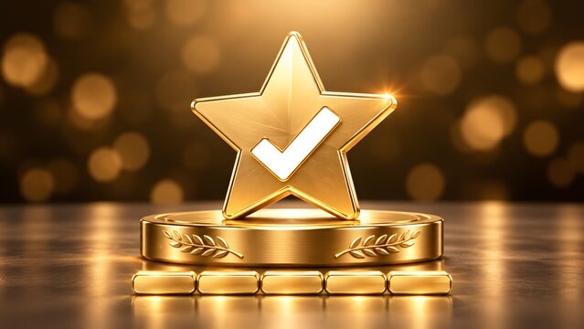 Premium golden star trophy with checkmark on pedestal signifying top rating quality assurance excellence award outstanding achievement and ultimate winner recognition in competitive industry