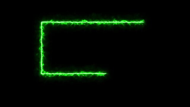 Glowing green geometric shapes forming a rectangle against a black background with subtle motion