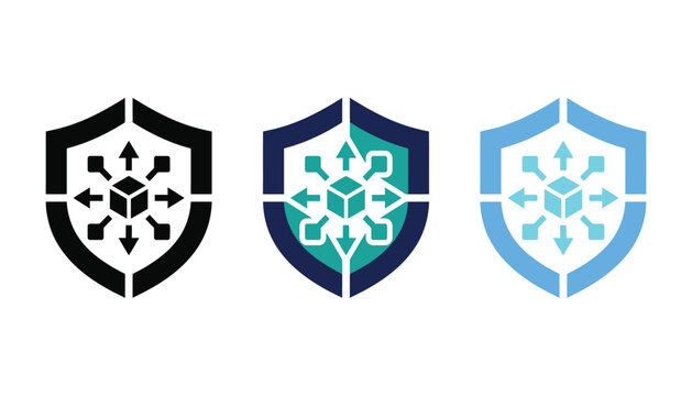 Set of shield icons with cube and arrows, representing data protection, cybersecurity, and network security, vector illustration