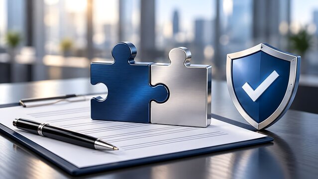 Interlocking metallic puzzle pieces resting on contract clipboard next to security shield representing strategic business integration perfect solution safe partnership and corporate compliance