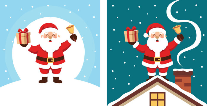 Set of two christmas illustrations with santa claus holding a gift and a bell, one on a snowy background and one on a house roof
