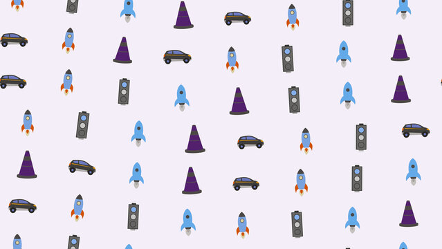 Pattern of cars, rockets, traffic lights, and cones