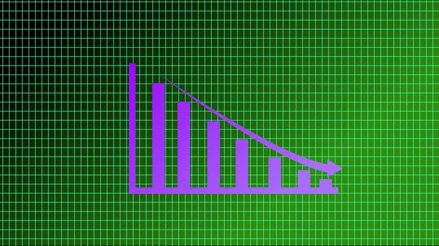 Bar graph declining over time with smooth curve in digital green background