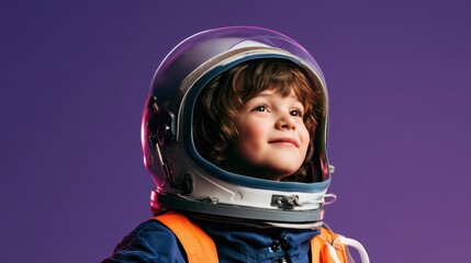 Fototapeta premium Young child wearing astronaut helmet looking hopeful and smiling with space suit against purple background in studio