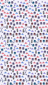 Seamless pattern of cartoon boats and traffic lights
