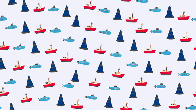 Seamless pattern of cartoon boats, submarines, and traffic cones