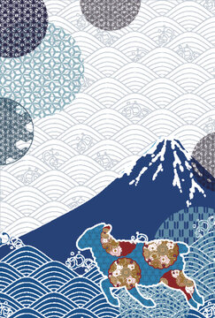 富士山と花柄の生き物をあしらった和風デザインの季節の挨拶カード