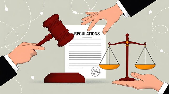 Legal regulation document with gavel and balance scales representing law and compliance