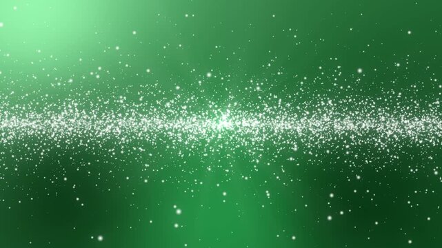 グリーン背景の中央を流れる輝く白とシルバーの光粒子と繊細なグリッターのシームレスループ動画素材 / Shining white and silver light particles and delicate glitter stream loop background on green gradient
