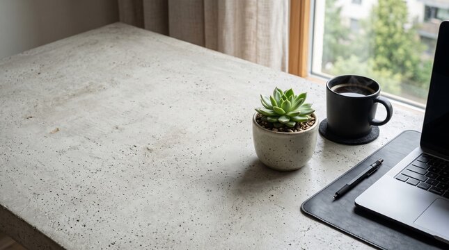 Minimalist concrete desk setup with laptop, coffee mug, and small succulent plant