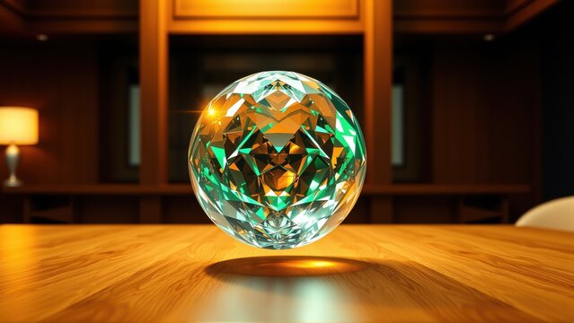 Shining sphere floats above wooden surface. Warm interior background provides soft illumination, creating dramatic effect.