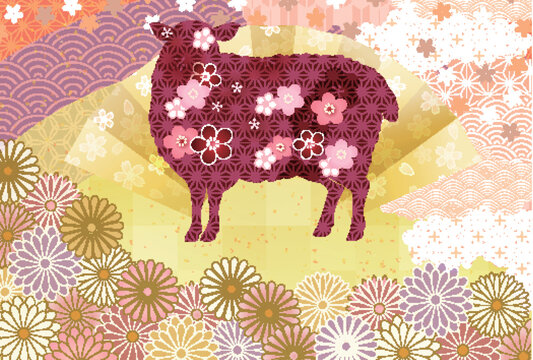 華やかな和柄模様の動物シルエットと桜や菊の花が描かれた優雅なデザイン