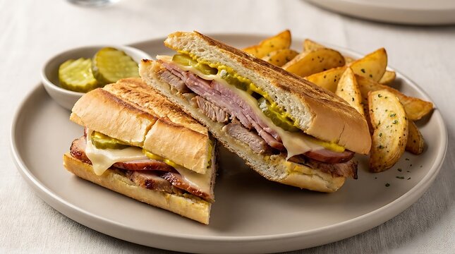 Fresh grilled panini sandwich with melted cheese and side of crispy potato wedges on a plate. Cuban sandwich variations