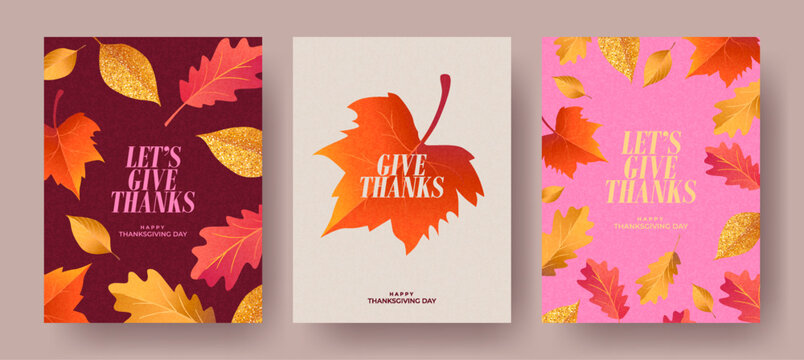Thanksgiving card, cover, or invitation set featuring beautiful, vibrant autumn leaves. A modern, autumn-themed design template suitable for festive events, advertising, branding, banners, labels.