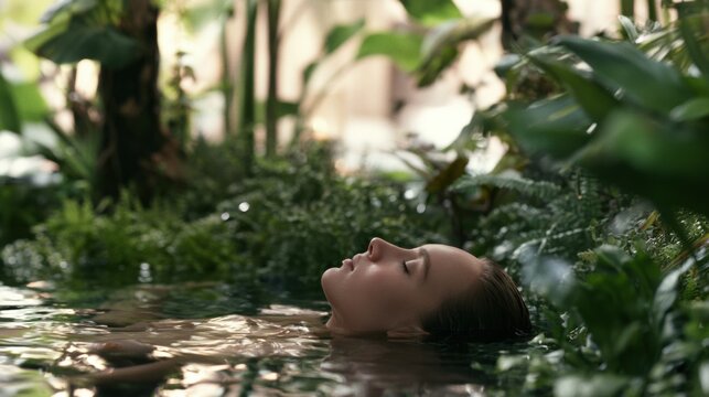 Woman relaxes in a natural water setting surrounded by tropical plants in an indoor area
