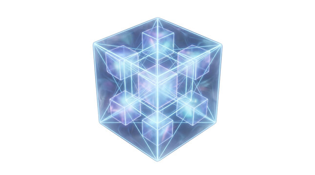 Futuristic Glowing Crystal Cube with Holographic Geometry, Futuristic Science Technology Data Block, Glowing Blue Glass Hypercube Element isolated on white background