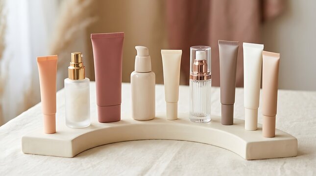 Collection of various cosmetic bottles and skincare tubes standing on a marble surface. makeup primer assortment