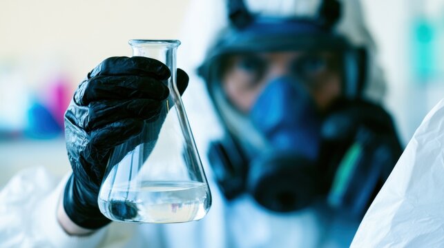 Scientist in protective gear holds a flask in a laboratory setting while conducting experiments