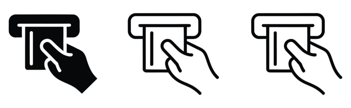 Hand inserting credit card into ATM machine icon set featuring payment terminal insertion symbols, banking cash withdrawal signs, and financial transaction graphics in solid and line black vector illu