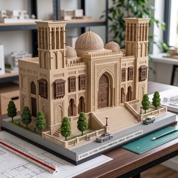 Middle eastern cultural heritage complex architectural model featuring traditional wind towers on a desk.