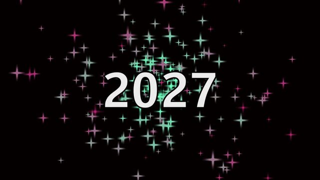 Happy new year 2027 greeting text animation with glowing golden typography set against a dark night city skyline background featuring vibrant colorful starburst fireworks motion in this digital graphi
