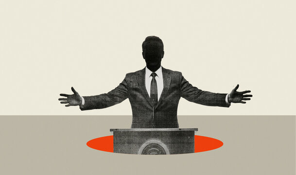 Politician or businessman speaking at podium with open arms gesture collage