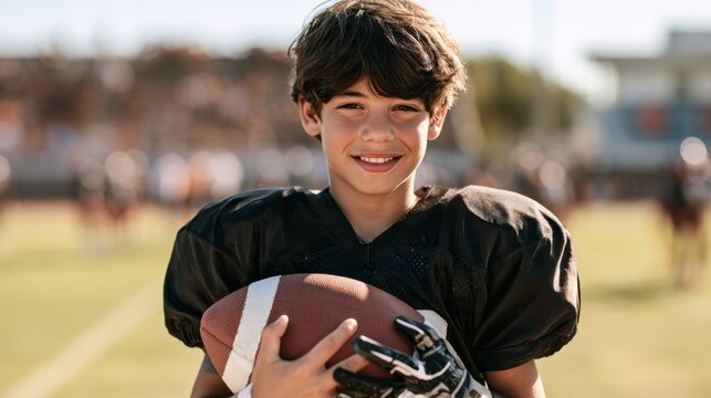 Smiling young boy in black football uniform holding ball on sunny outdoor sports field with blurred background