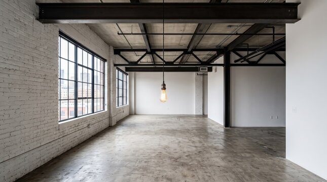 Empty industrial loft space interior with white brick walls, large warehouse windows, concrete floor, exposed ceiling beams, and hanging light bulb, offering a minimalist blank