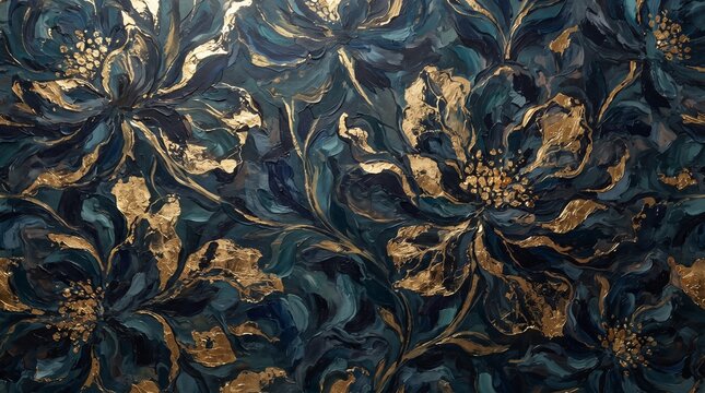 Luxury dark teal and gold foil floral oil painting texture with thick brush strokes and glitter accent, abstract botanical canvas background, generative AI