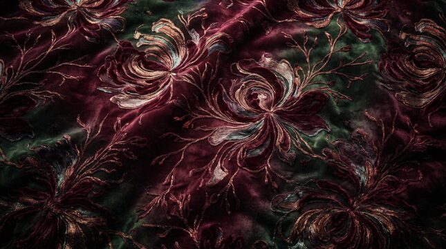 Luxury dark burgundy and emerald green velvet fabric texture with intricate embroidered floral pattern, rich vintage textile backdrop, generative AI