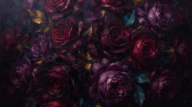 Dark moody oil painting background with deep red and purple roses, vintage impasto floral canvas texture with golden accents, generative AI