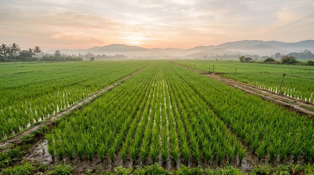 Rows of young green rice plants growing in a wide paddy field during a beautiful sunset