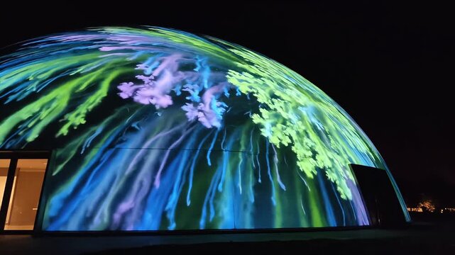 Vibrant colorful light projection mapping displaying organic flowing patterns, jellyfish and plant-like shapes on large outdoor dome building during nighttime illuminated spectacle event.
