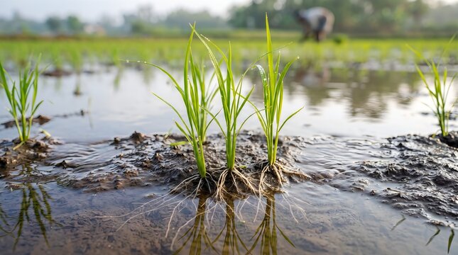 Young green rice plants growing in a wet flooded paddy field during the day