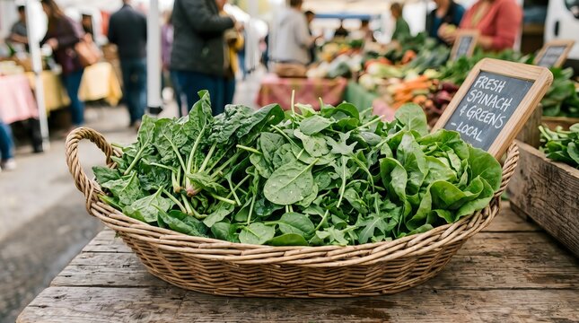 Fresh green watercress leaves in a woven basket at a local farmers market