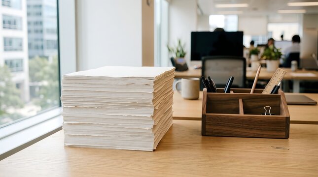 Stack of white paper and wooden pen holder on a desk in a modern office