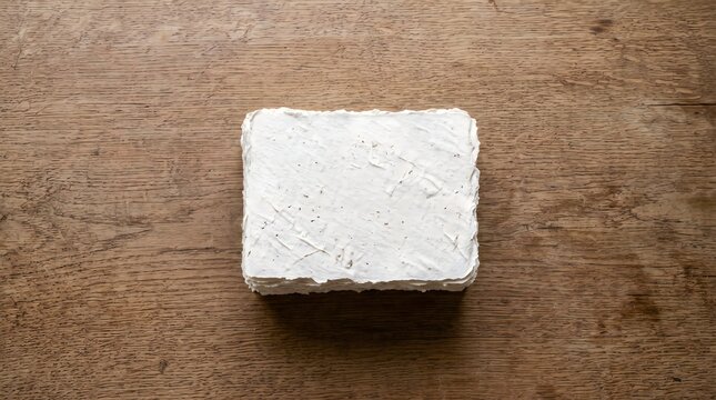 A single white sugar cube sitting on a wooden surface