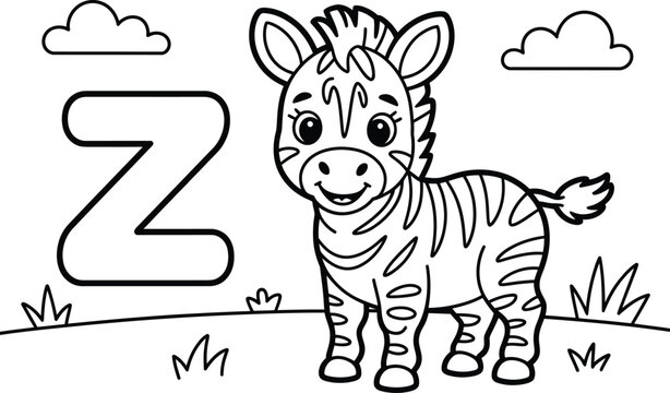 Outlined cartoon zebra with bold capital letter z in grassy field scene for children's alphabet coloring book page.