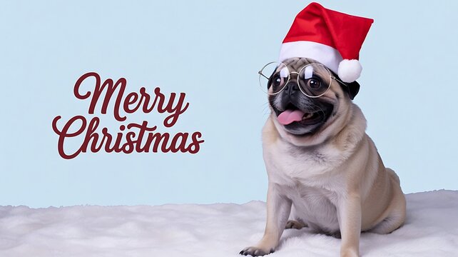 Merry Christmas greeting with pug wearing a santa hat on snowy winter background
